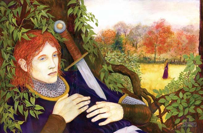 And No Birds Sing — a pale woman with flowing red hair, a black feather, and bare trees