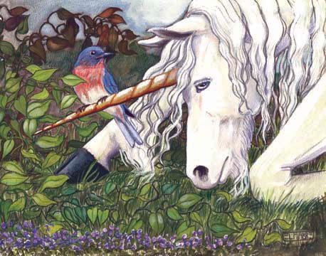 Unicorn — a white unicorn lowering its horn to a bluebird among violets